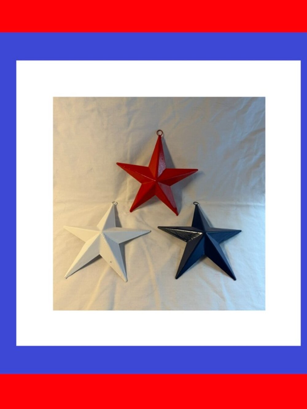 Set of Three (one each) Red White Blue Painted Tin Stars 6 3/4" 16006B